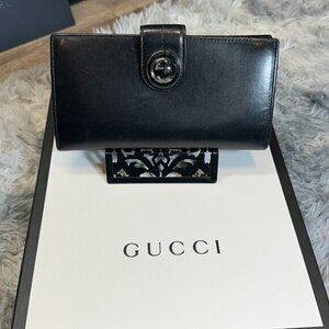 GUCCI x GG BUBBLE LOGO BLACK LONG LEATHER WALLET | EUC | SOFT VTG LEATHER! CLEAN